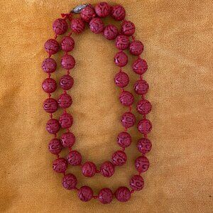 32" long genuine Cinnabar red carved bead necklace